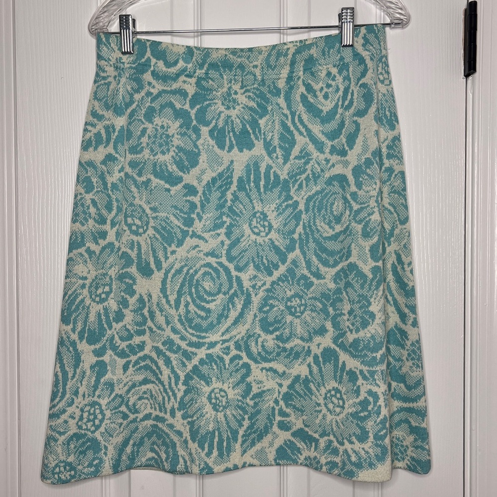 St. John Collection Aqua and Cream Floral A-Line Skirt